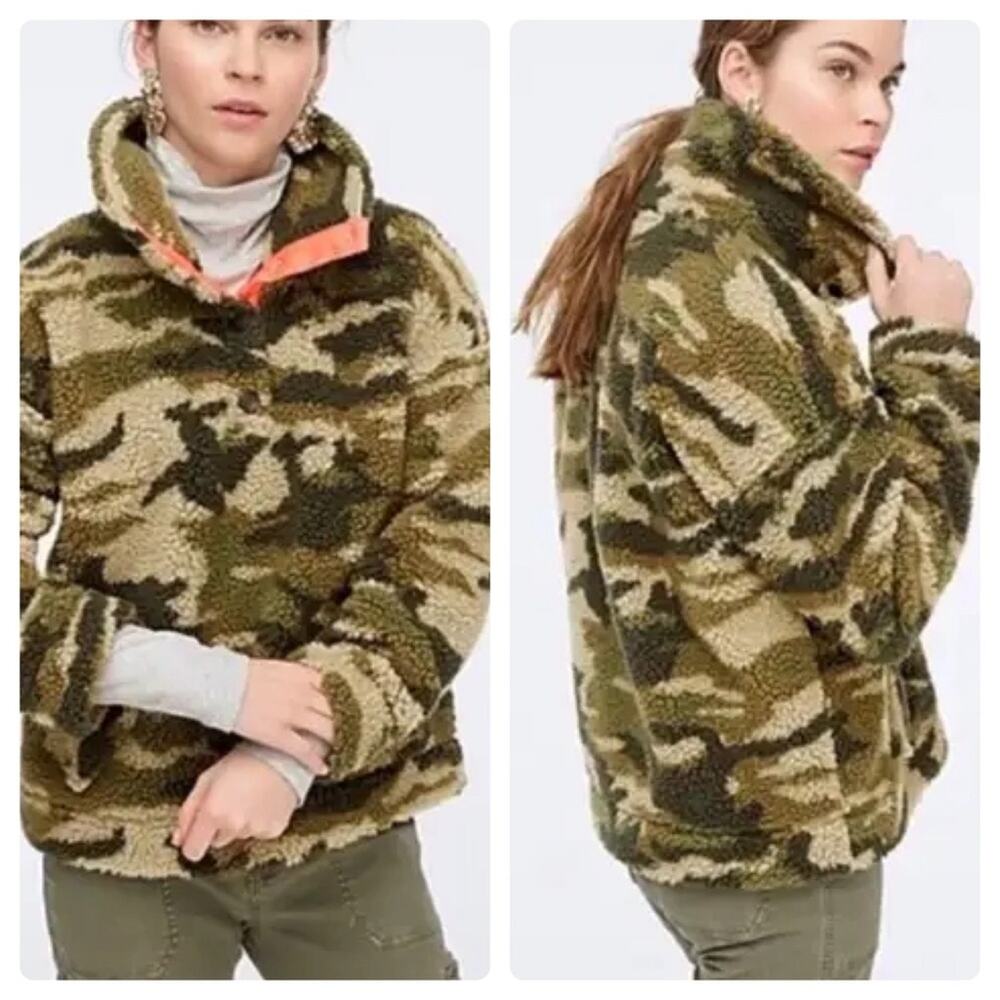 J. Crew Snap-collar sherpa fleece jacket sweatshirt in camo